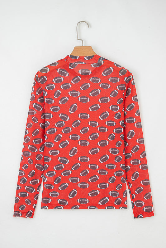 Red Game Day Rugby Mesh Sheer Long Sleeve Top