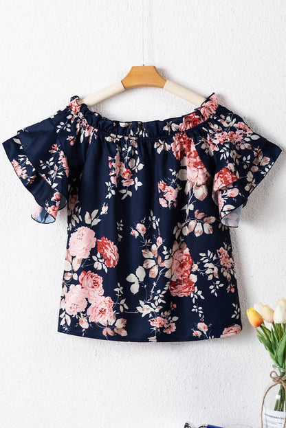 Blue Ruffle Off Shoulder Flounce Sleeve Floral Blouse - Chic Meadow Boutique 