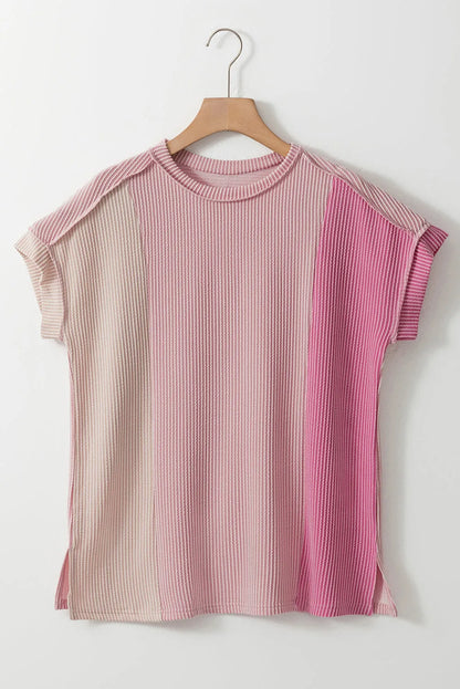 Pink Textured Colorblock Crew Neck T Shirt - Chic Meadow Boutique 