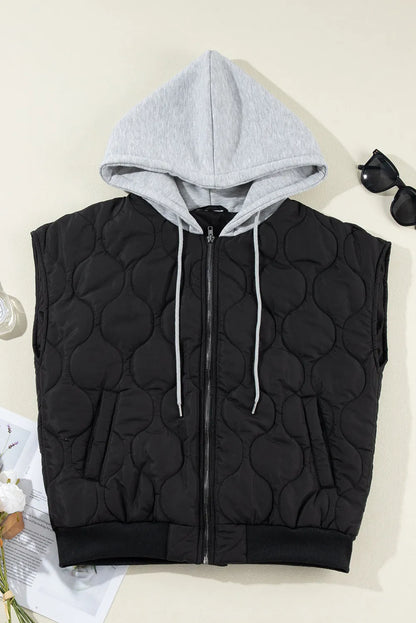 Black Quilted Drawstring Hooded Zip Up Puffer Vest - Chic Meadow Boutique 