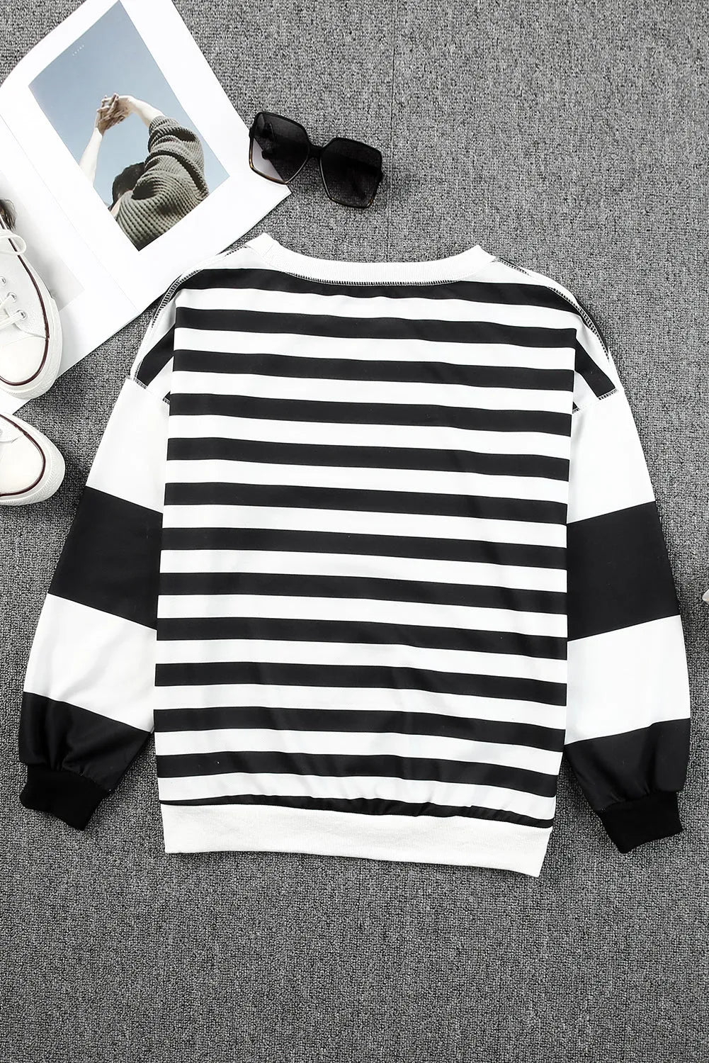 Black Stripe Drop Shoulder Striped Pullover Sweatshirt - Chic Meadow Boutique 