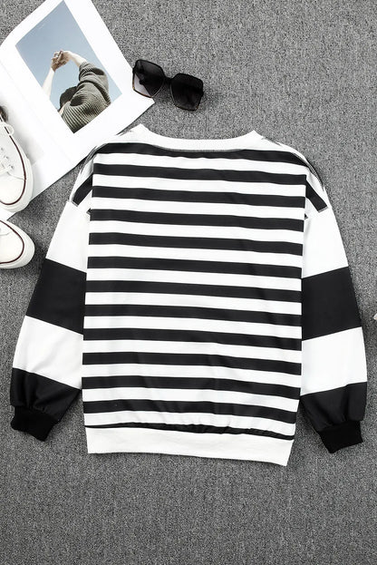 Black Stripe Drop Shoulder Striped Pullover Sweatshirt - Chic Meadow Boutique 