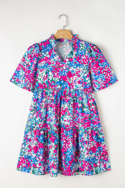 Multicolour Floral Short Sleeve V Neck Tiered Mini Dress - Chic Meadow Boutique 