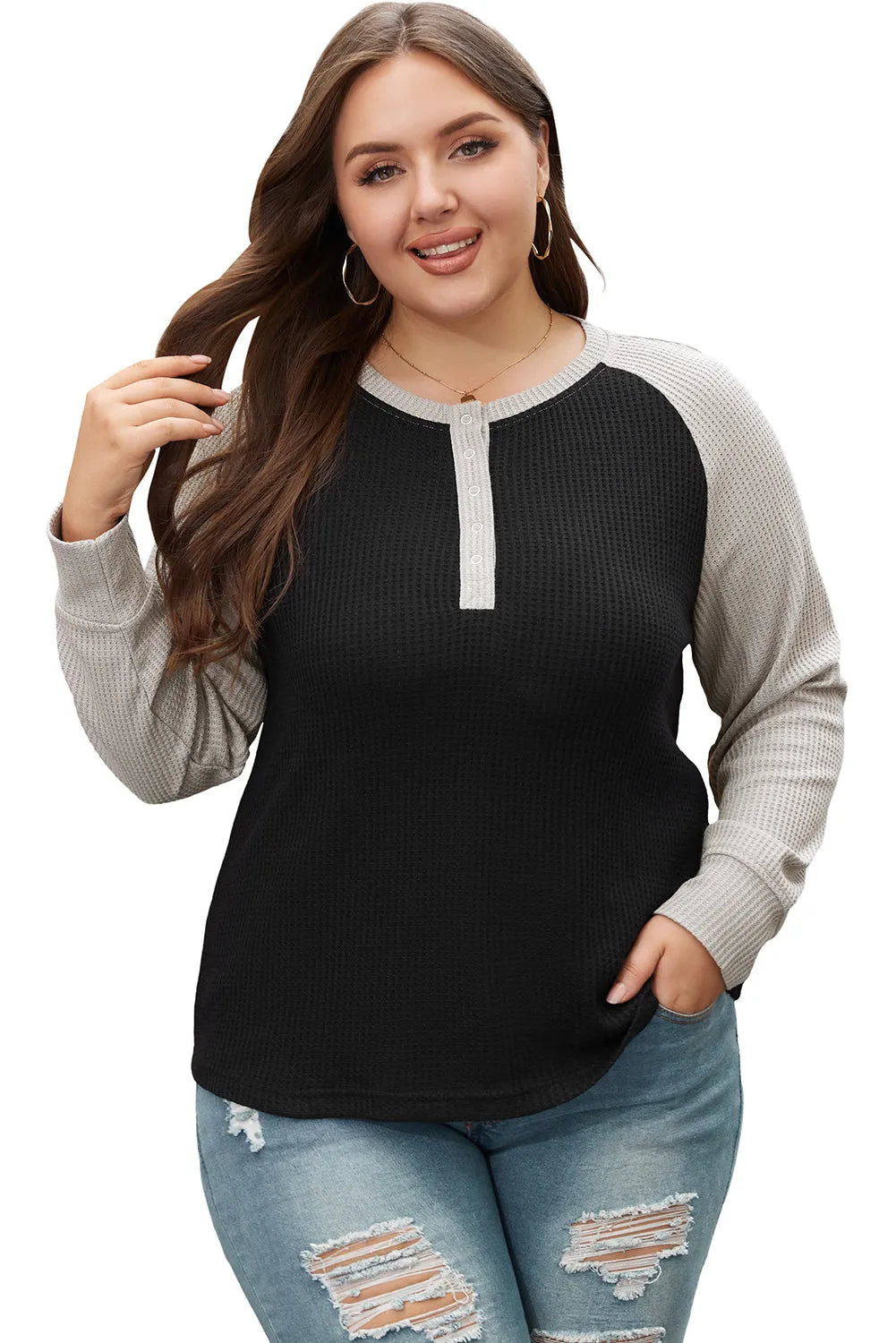 Black Color Contrast Waffle Knit Buttoned Plus Size Top - Chic Meadow Boutique 