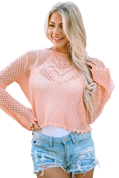 Pink Hollowed Eyelets Knit Bell Sleeve Sweater - Chic Meadow Boutique 