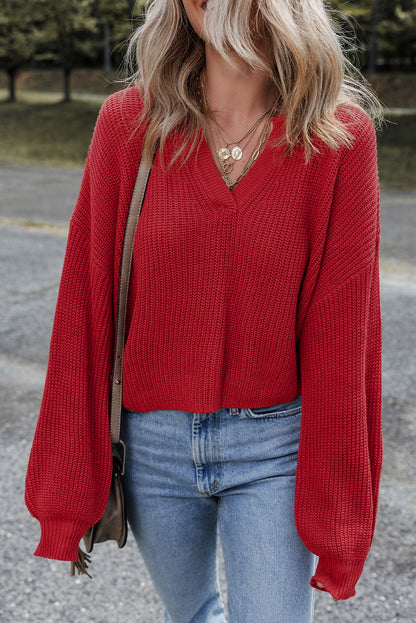 Racing Red Solid Textured Knit V Neck Drop Shoulder Sweater
