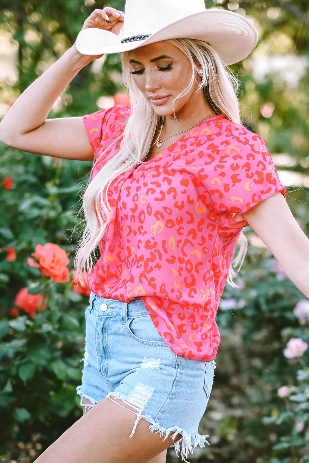 Pink Leopard V Neck Short Sleeve Blouse - Chic Meadow Boutique 