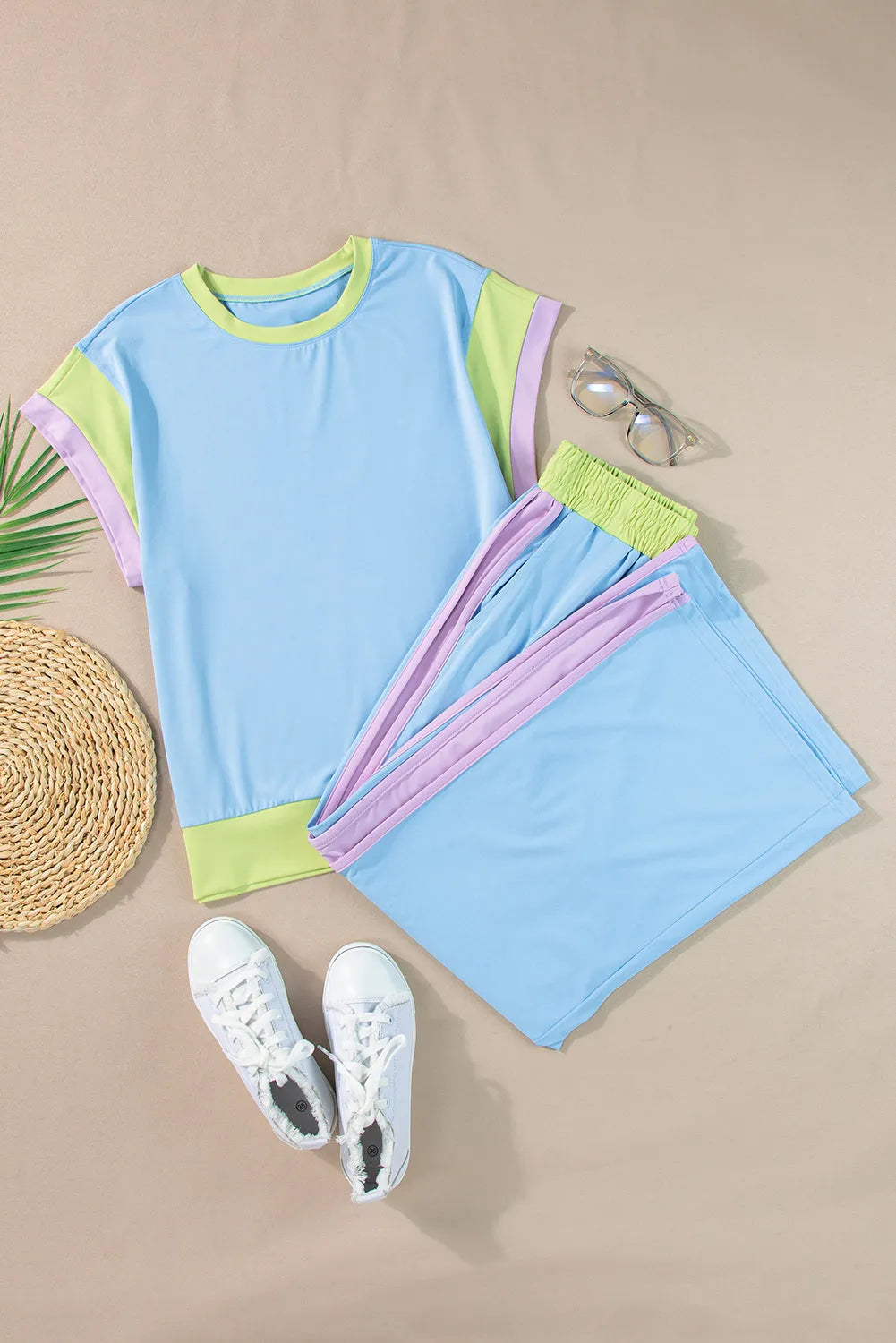 Sky Blue Color Block Detail Casual Two-piece Outfit - Chic Meadow Boutique 