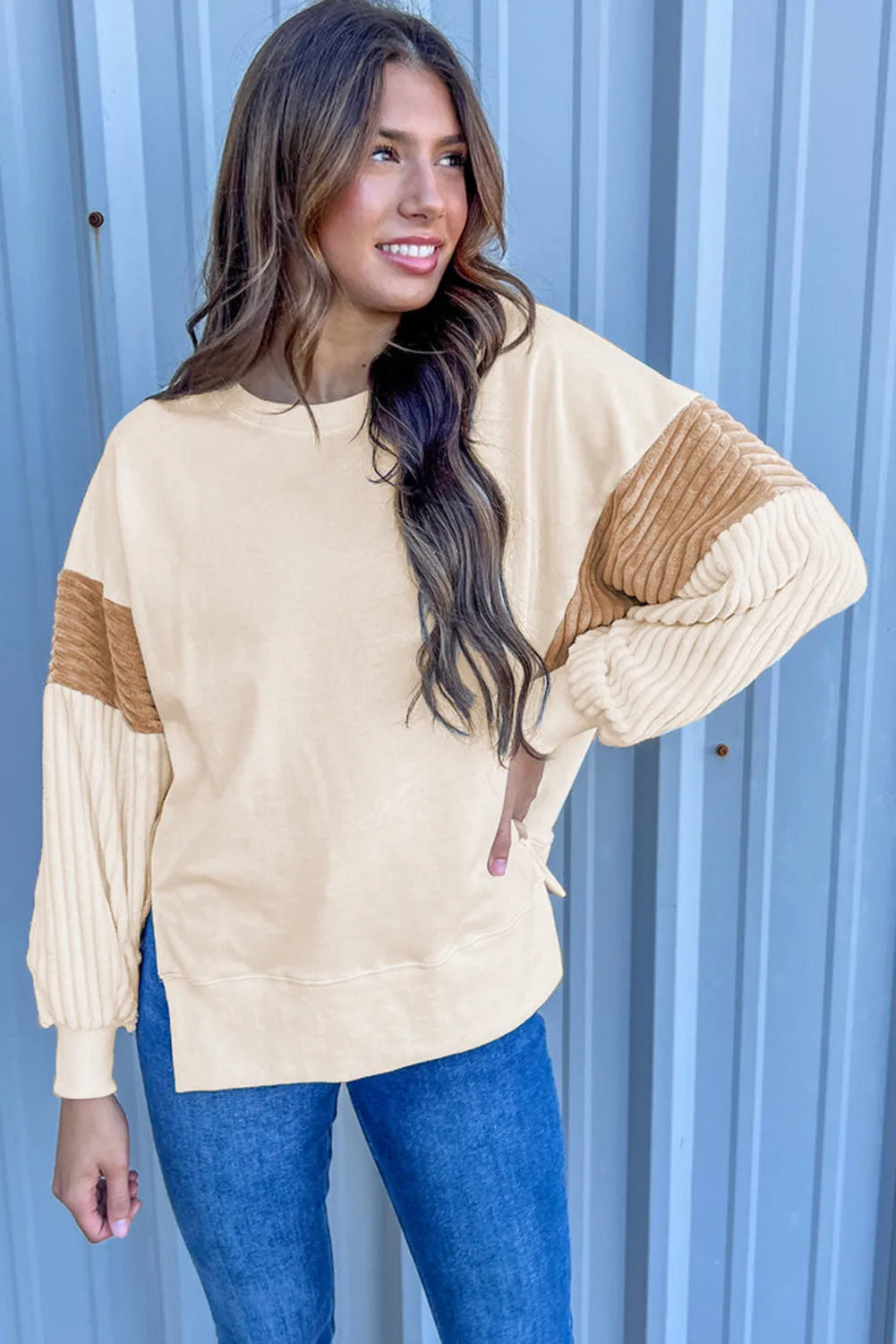 Apricot Corduroy Patchwork Drop Shoulder Long Sleeve Sweatshirt - Chic Meadow Boutique 