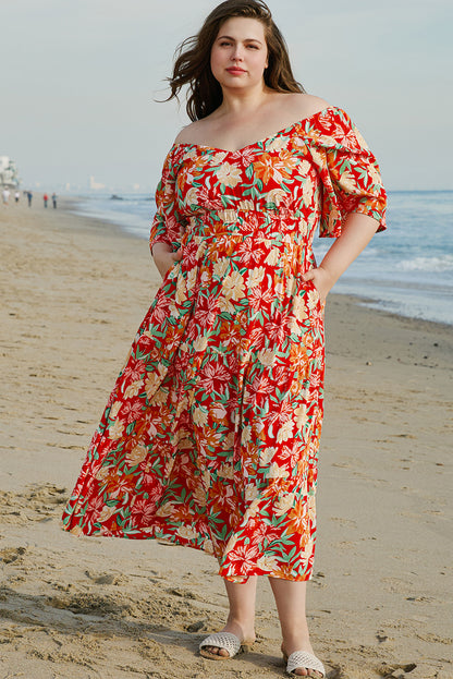 Orange Floral V Neck Flutter Sleeve Cinched Waist Long Plus Size Dress