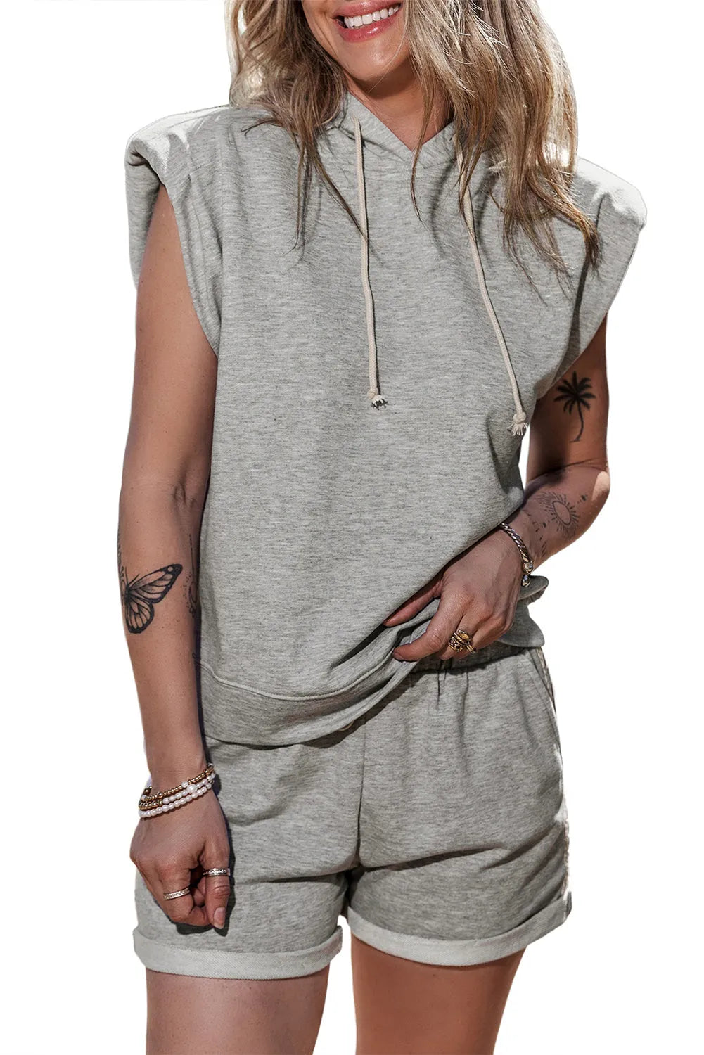 Gray Drawstring Sleeveless Hoodie and Shorts Set - Chic Meadow Boutique 