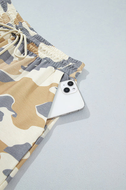 Multicolour Camouflage Print Long Sleeve Top Drawstring Shorts Set