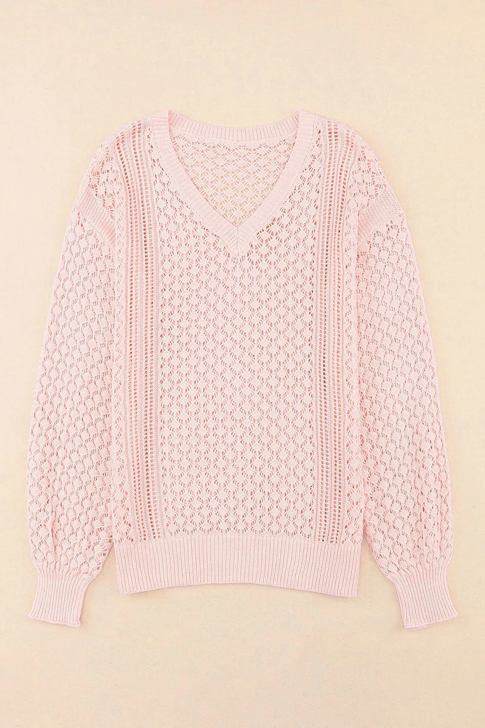 Pink Loose Pointelle Knit Ribbed V Neck Sweater - Chic Meadow Boutique 