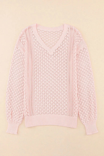 Pink Loose Pointelle Knit Ribbed V Neck Sweater - Chic Meadow Boutique 