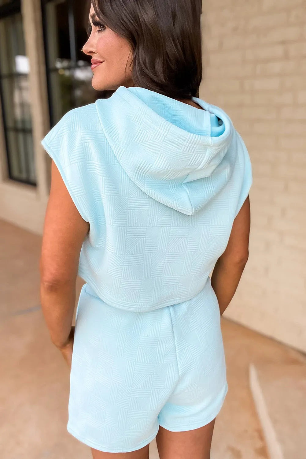 Beau Blue Textured Cropped Hoodie and Shorts Set - Chic Meadow Boutique 