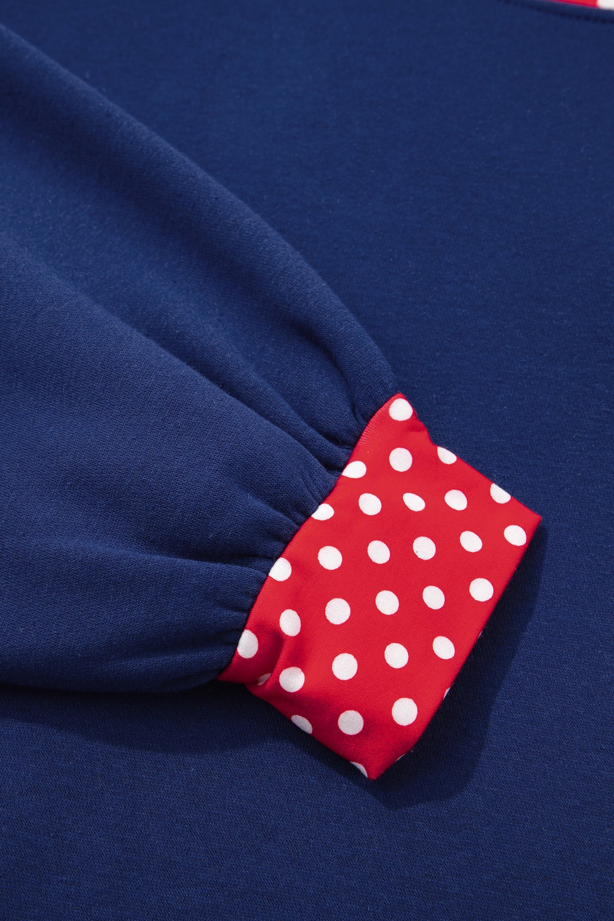 Dirty blue Polka Dot Patchwork Round Neck Plus Size Sweatshirt