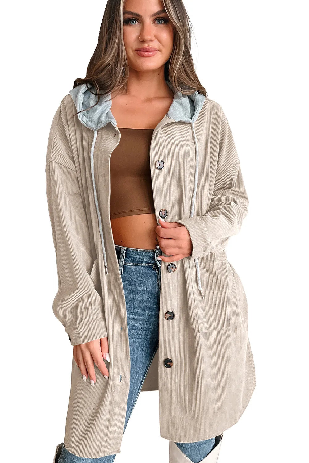 Beige Oversized Corduroy Contrast Hooded Shacket - Chic Meadow Boutique 