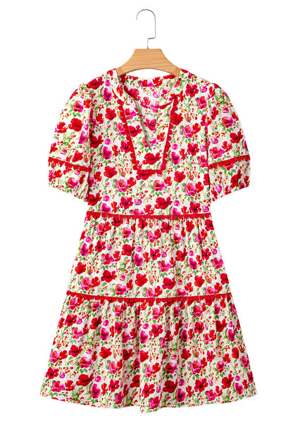 Red Floral Puff Sleeve Tiered Ric Rac Pocketed Mini Dress