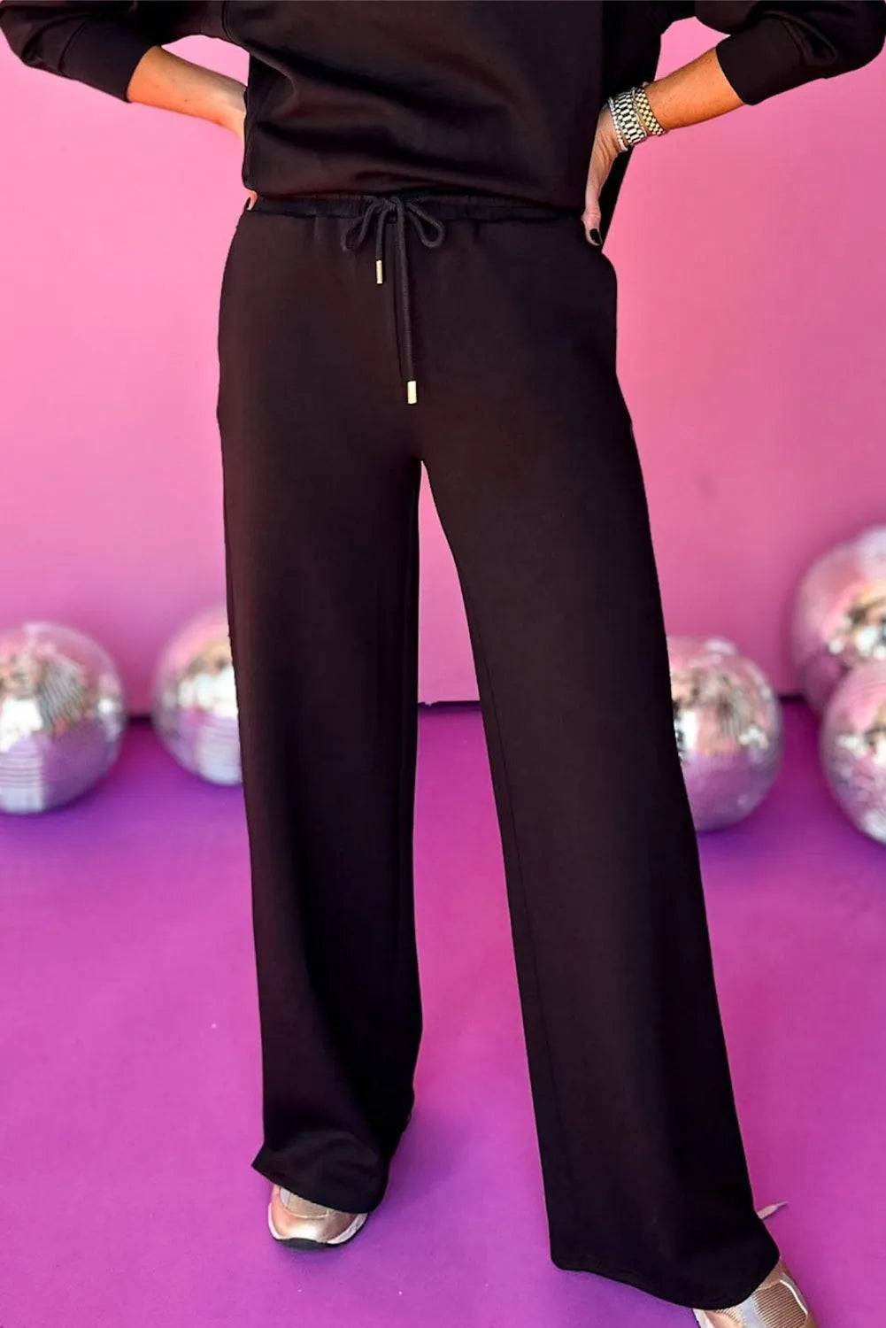 Black Zipper Stand Neck Top and Wide Leg Pants Set - Chic Meadow Boutique 