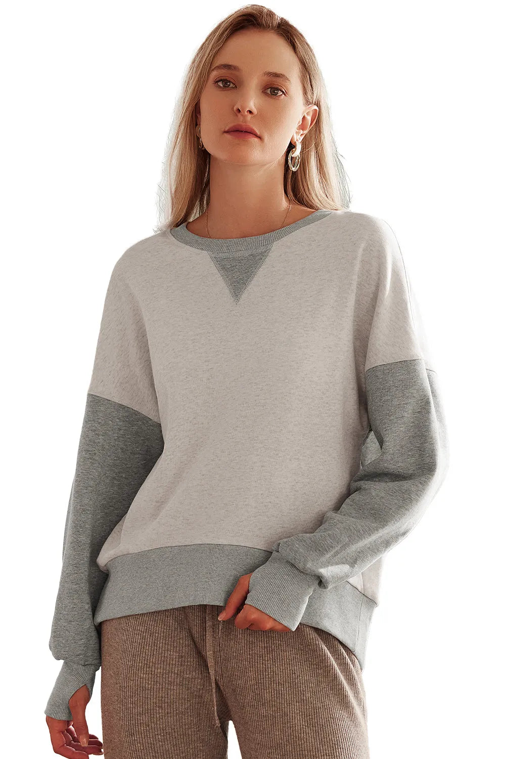 Light Grey Color Block Thumbhole Sleeve Drop Shoulder Sweatshirt - Chic Meadow Boutique 