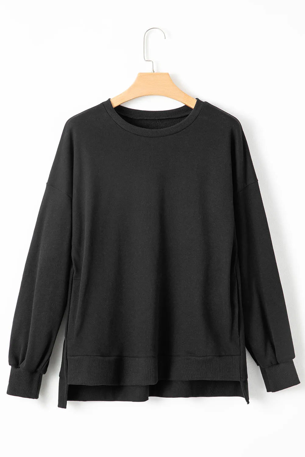 Black Solid O Neck High Low Hem Pullover Sweatshirt - Chic Meadow Boutique 