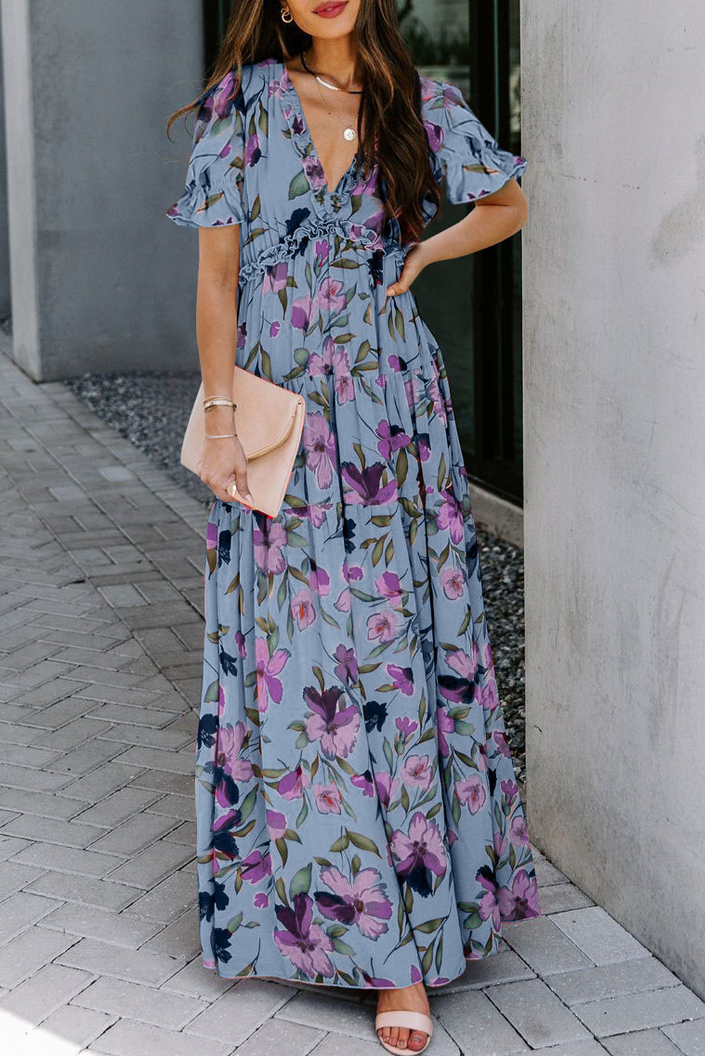 Sky Blue Fiery Floral Print Frilled V Neck Short Sleeve Maxi Dress