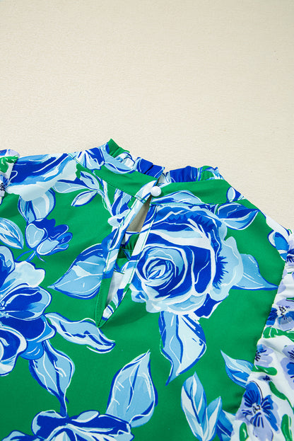 Green Floral Print Lace Trim Contrast Ruffle Sleeve Pleated Loose Blouse