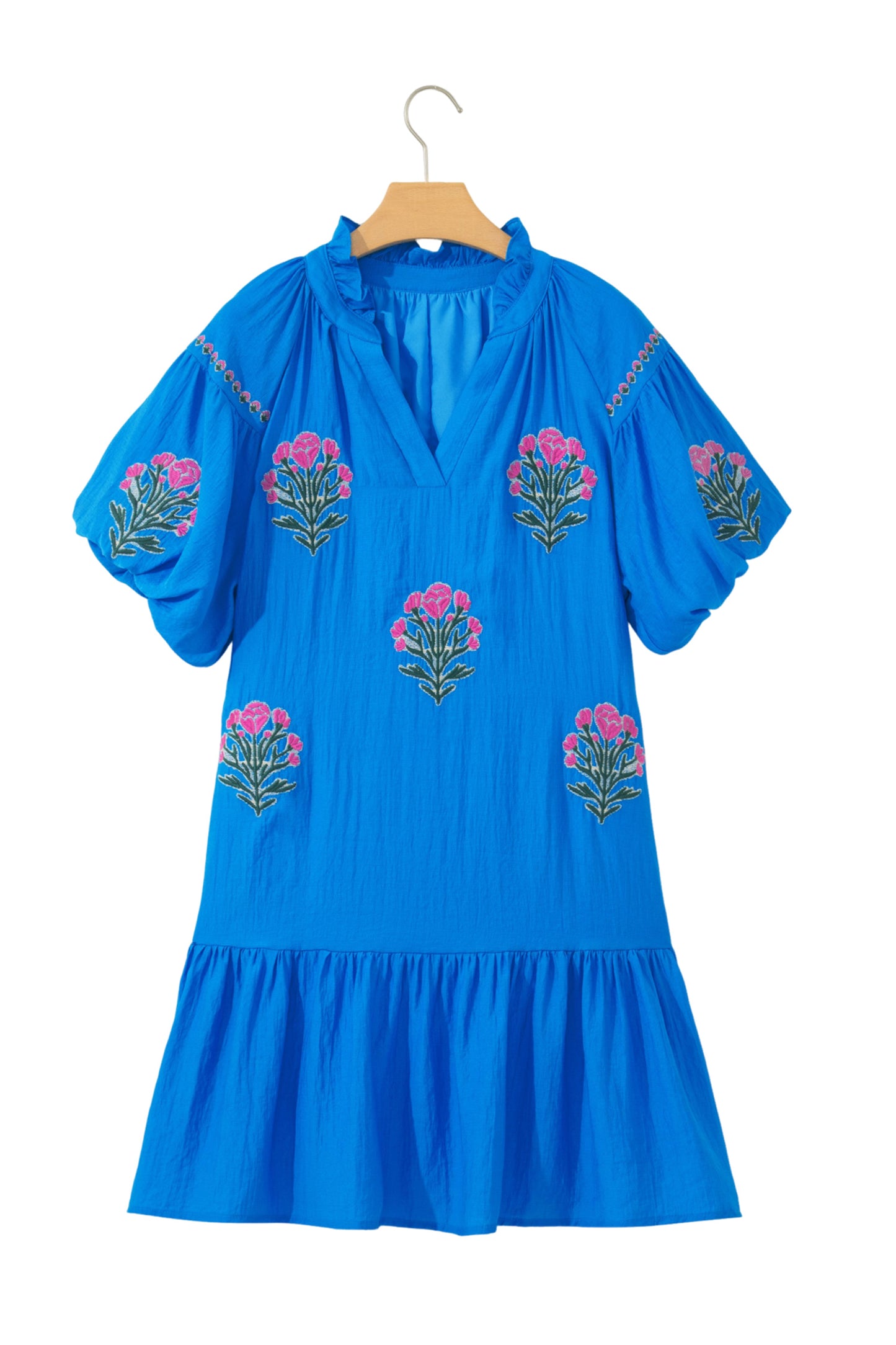 Blue Flower Embroidered Split Neck Short Puff Sleeve Ruffle Hem Dress
