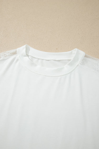 White Lace Patchwork Round Neck Casual Long Sleeve Top