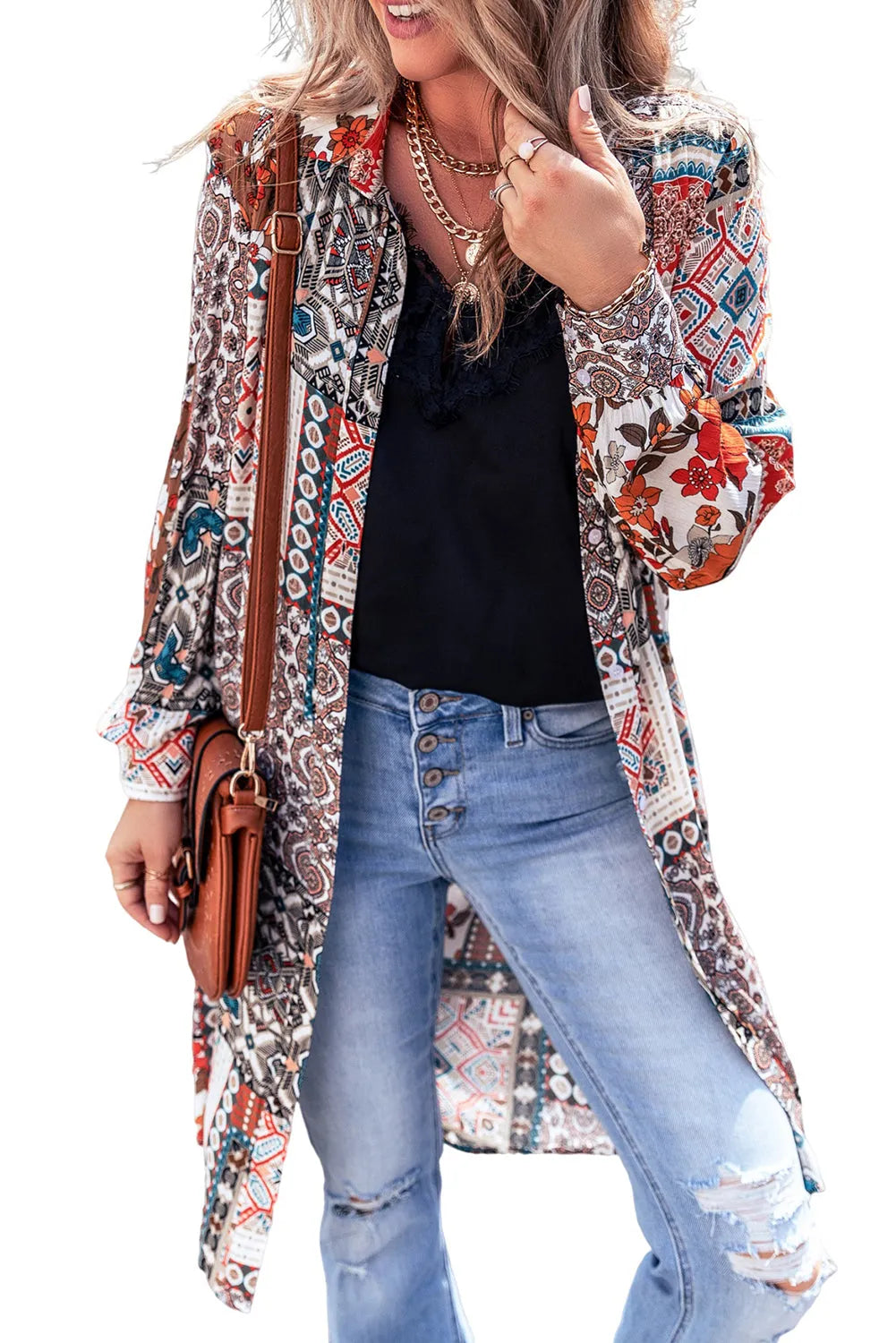 Multicolour Boho Mix Print Long Kimono - Chic Meadow Boutique 