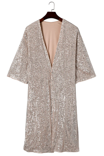 Apricot Sequin 3/4 Sleeve Open Front Duster Kimono - Chic Meadow Boutique 