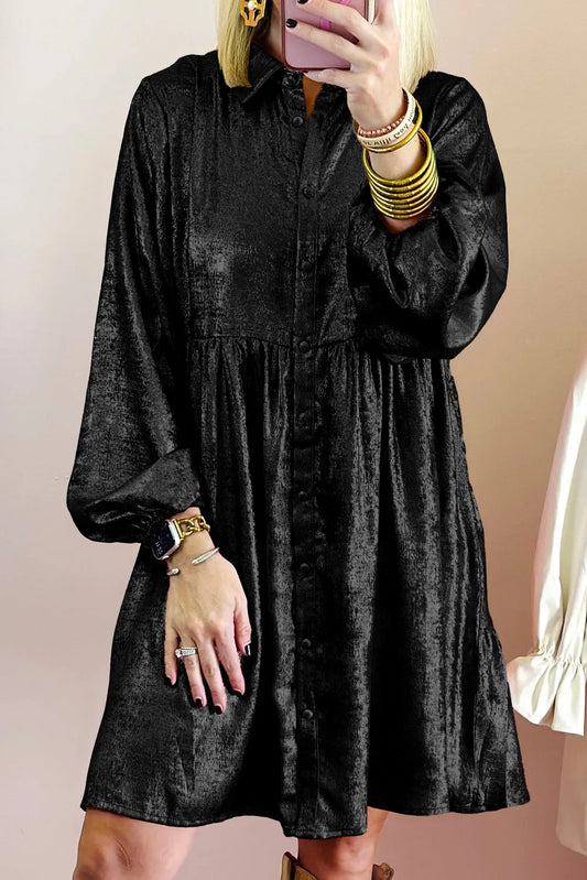 Black Metallic Sheen Puff Sleeve Button Up Mini Shirt Dress - Chic Meadow Boutique 