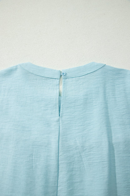 Mist Blue Tie Half Sleeve Pleated Detail Babydoll Blouse