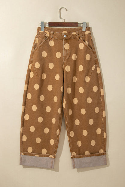 Brown Polka Dot Ankle-Length Metal Button Casual Jeans