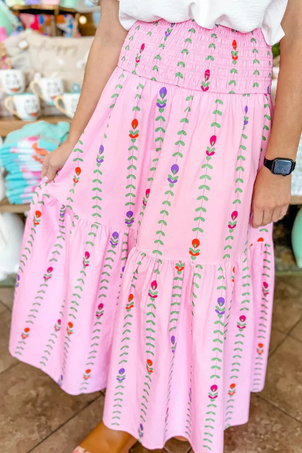 Bottoms/Skirts & Petticoat Pink Printed Smocked Tiered Maxi Skirt