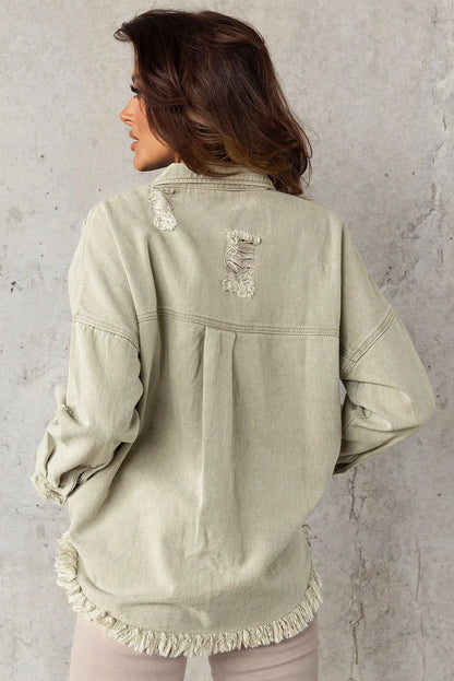 Green Distressed Fringe Trim Denim Jacket - Chic Meadow Boutique 