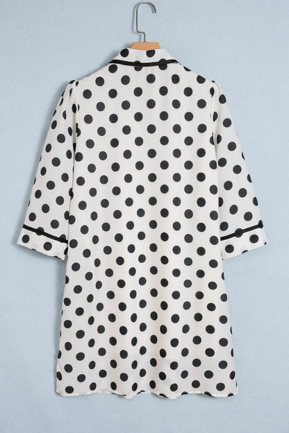White Polka Dot Half Sleeve Collar V Neck Pocketed Casual Mini Dress