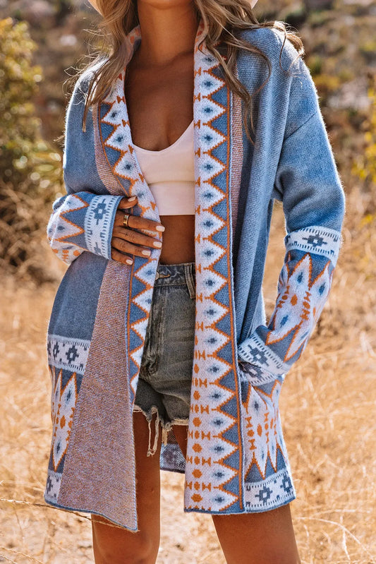 Blue Aztec Print Open Front Knitted Cardigan - Chic Meadow Boutique 