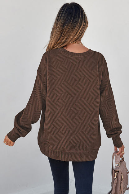 Coffee Solid Color Textured Round Neck Drop Shoulder Pullover Sweatshirt