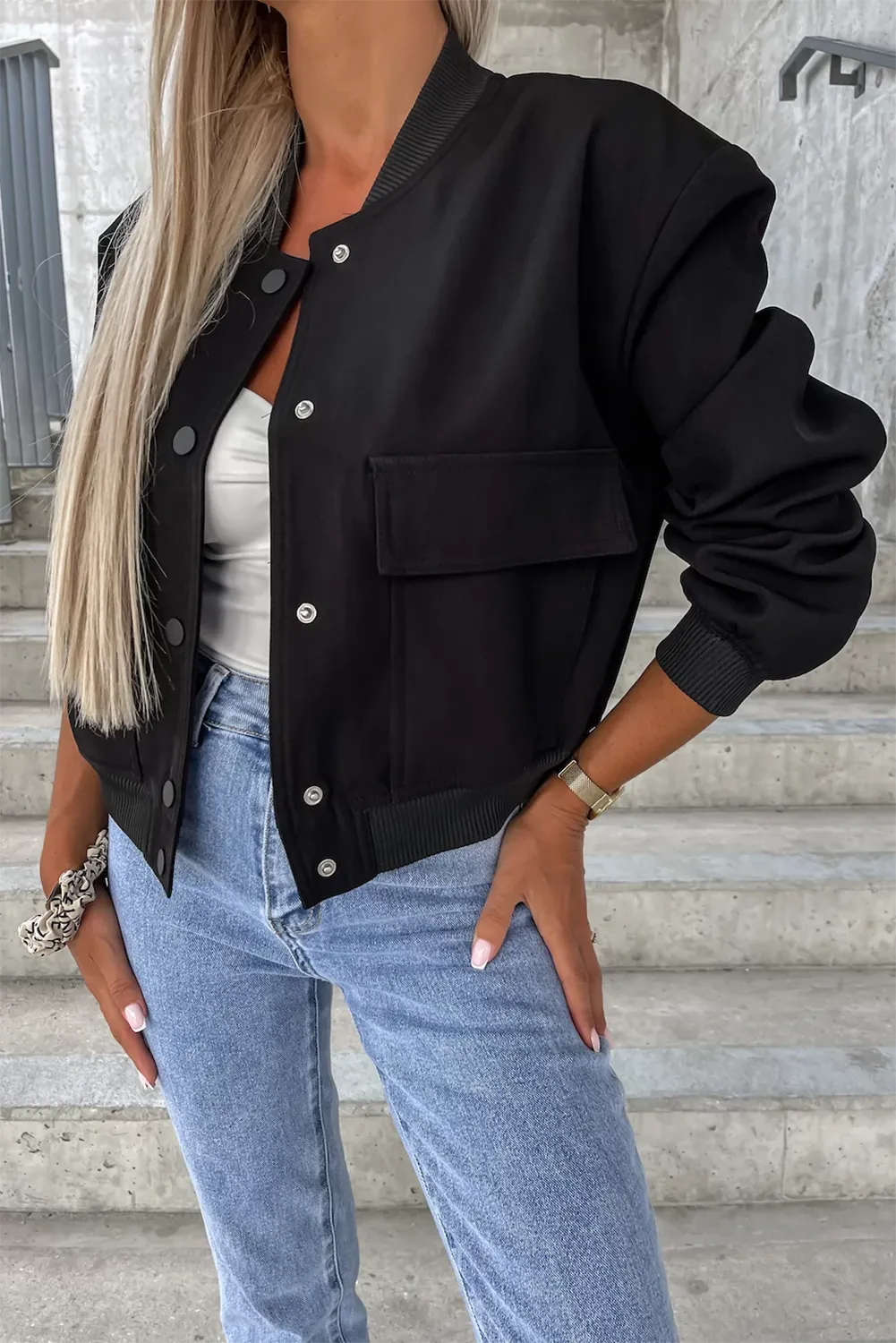 Black Big Pockets Baseball Collar Jacket - Chic Meadow Boutique 