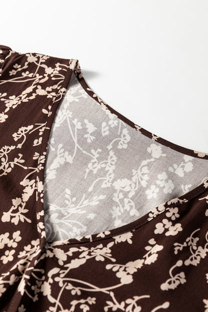 Brown Ditsy Floral Print Split Neck Long Sleeve Shirred Waist Flared Mini Dress
