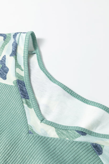 Mist Green Ribbed Camouflage Patchwork Plus Size V Neck Tee