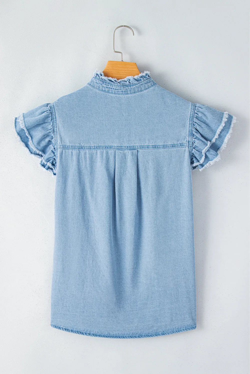 Beau Blue Button Front Ruffled Flutter Frayed Denim Top - Chic Meadow Boutique 