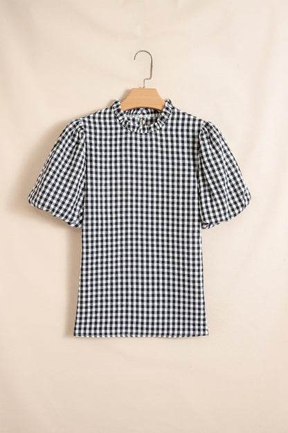 Black Plaid Short Puff Sleeve Frilled Neck Blouse