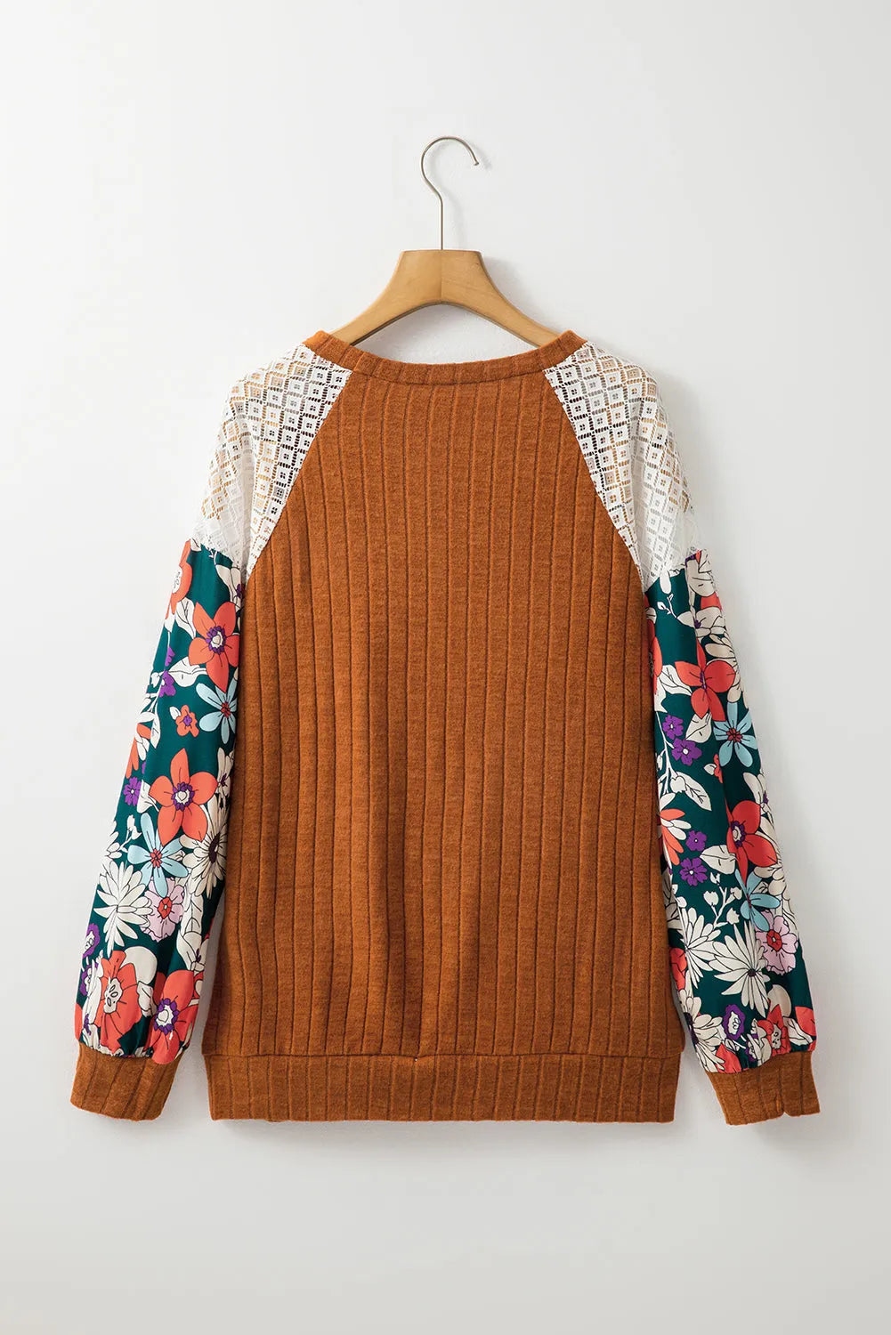 Cinnamon Floral Patchwork Long Sleeve Ribbed Blouse - Chic Meadow Boutique 