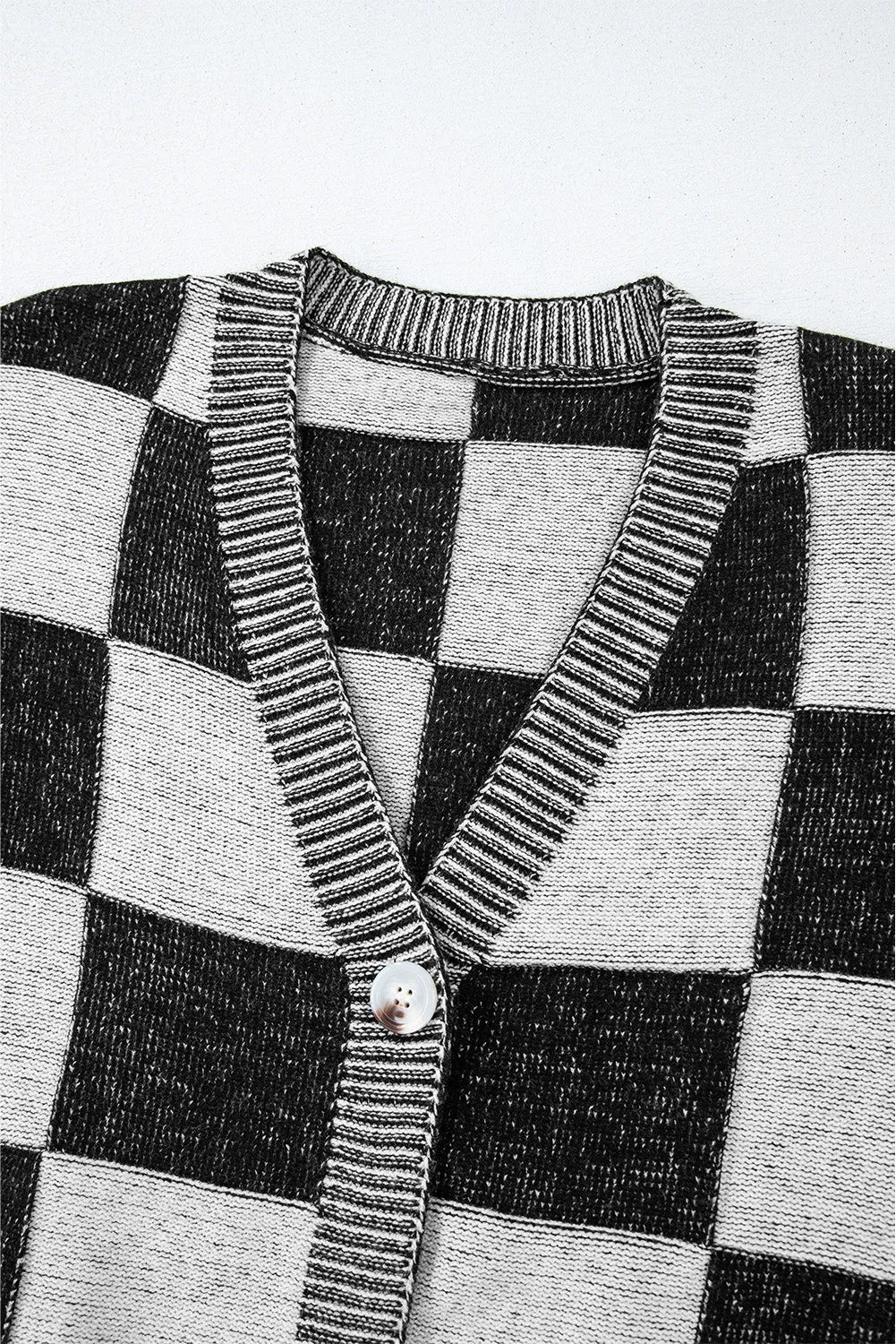 Black Checkered Drop Shoulder Buttoned V Neck Cardigan - Chic Meadow Boutique 