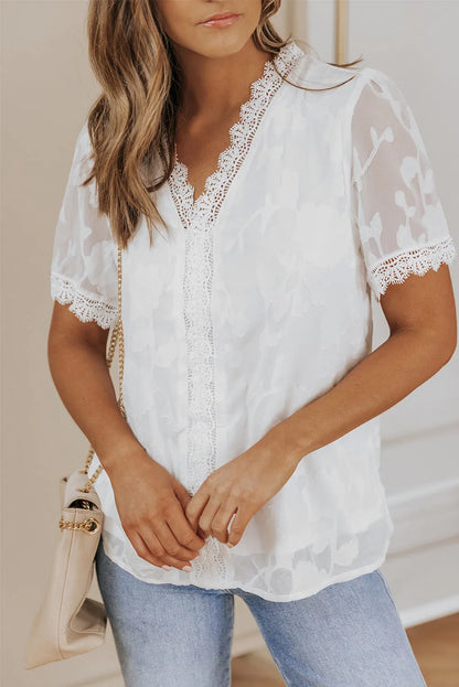 White Jacquard Lace Crochet Contrast V Neck T Shirt - Chic Meadow Boutique 