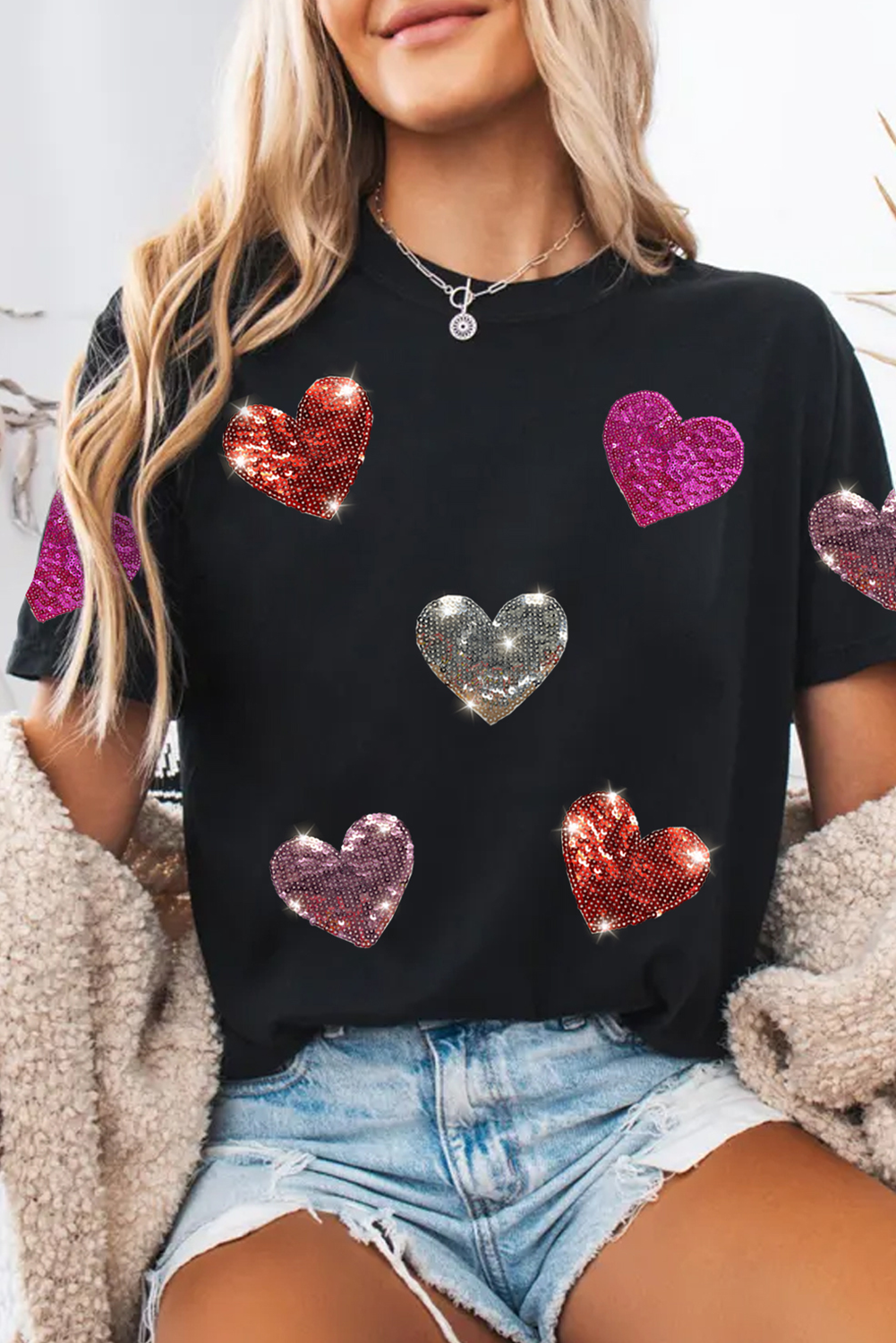 Black Sequin Heart Patched Pattern Crewneck Valentines Tee