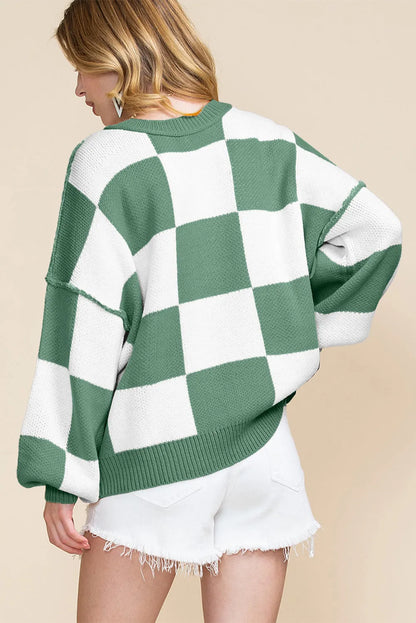 Green Checkered Bishop Sleeve Sweater - Chic Meadow Boutique 