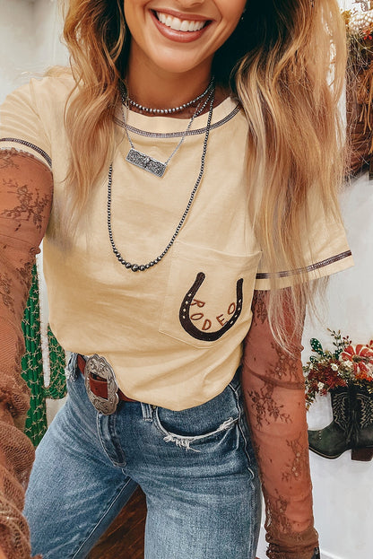 Apricot RODEO Horseshoe Embroidered Patch Pocket T Shirt